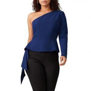 Christian Siriano Navy Peplum Drape Top Womens 2 One Shoulder Long Sleeve Luxury